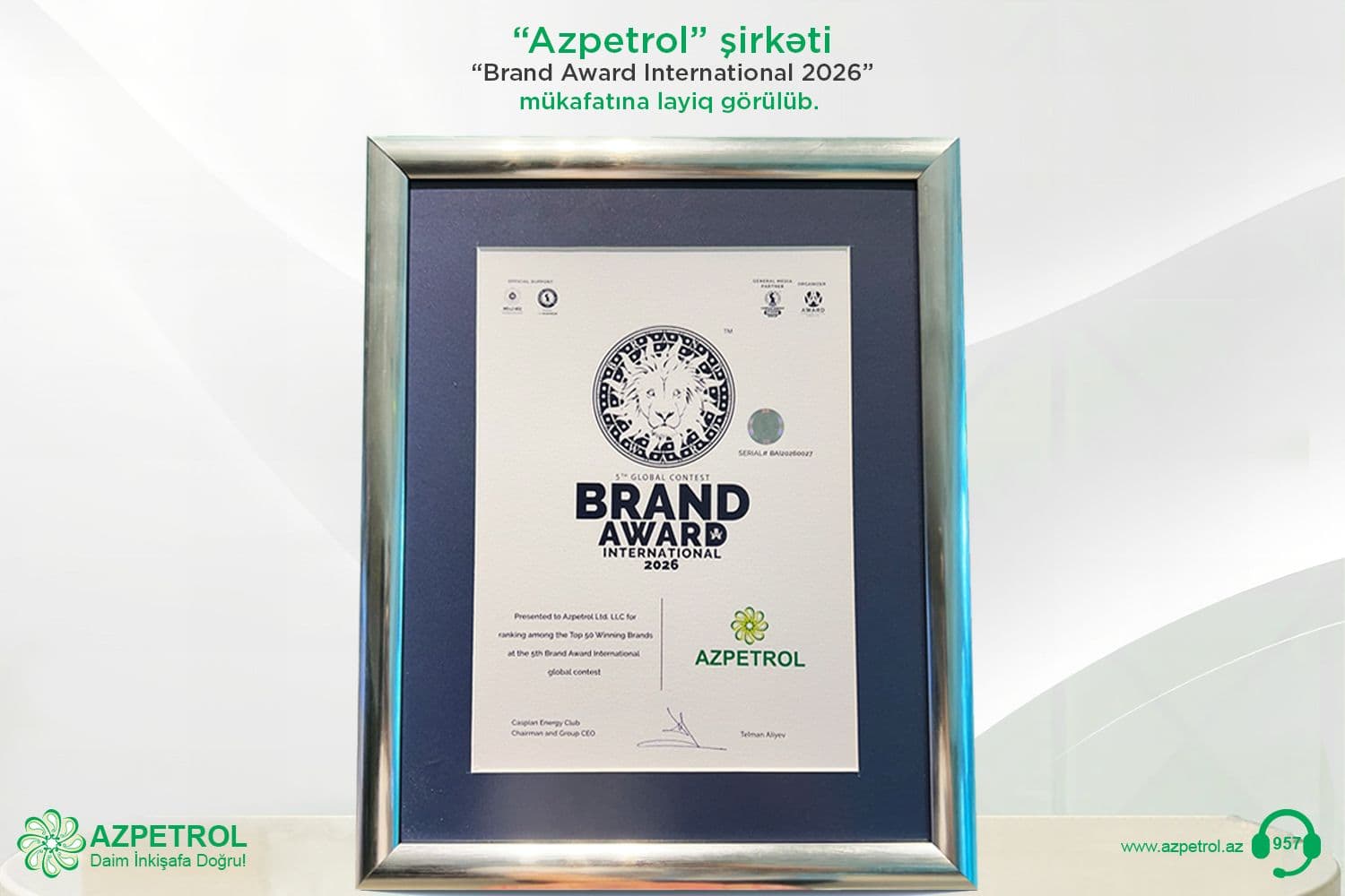 “Azpetrol” şirkəti “Brand Award International 2026” mükafatına layiq görülüb.
