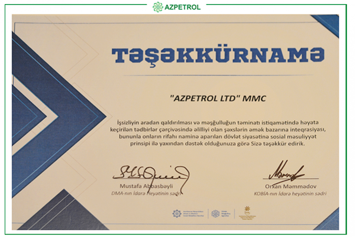 “Azpetrol” Company has been awarded with a Certificate of Gratitude.